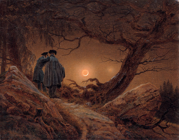 Zwei Männer stehen nachts im Wald und betrachten den Mond (Wird bei Klick vergrößert)