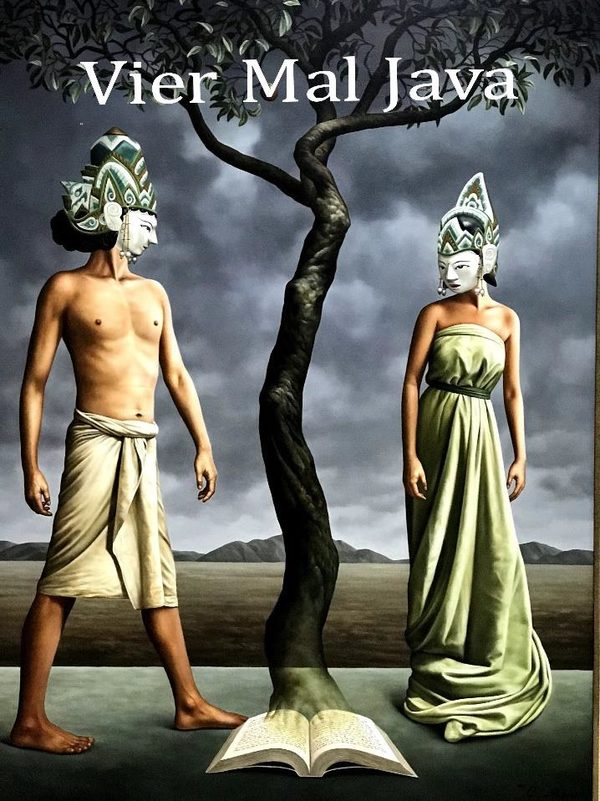 Ein Baum wächst aus einem Buch, ein Mann und eine Frau mit indonesischen Masken stehen daneben (Wird bei Klick vergrößert)