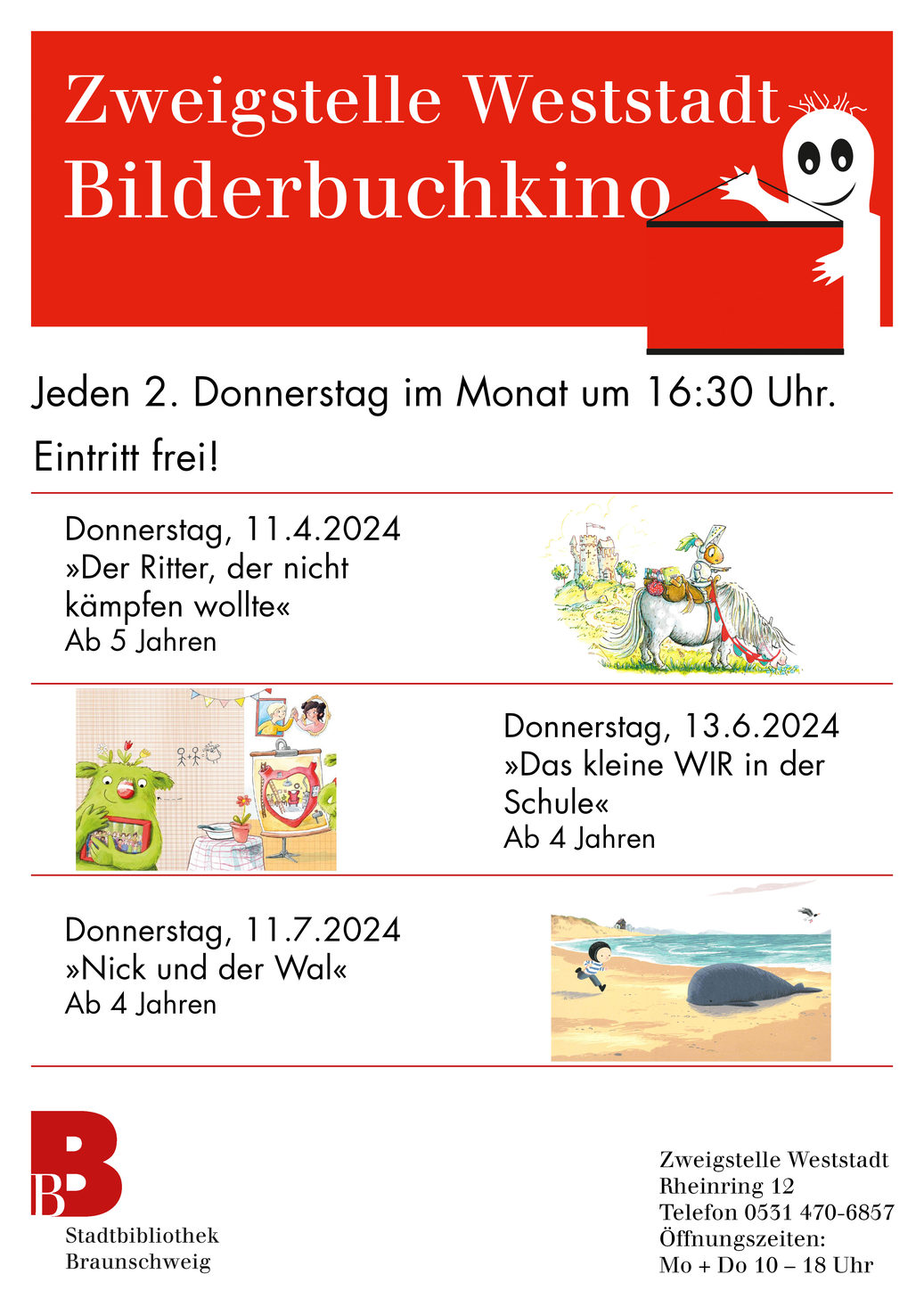 Zweigstelle Weststadt: Bilderbuchkino jeden 2. Donnerstag im Monat um 16:30 Uhr ausßer im Mai 2024