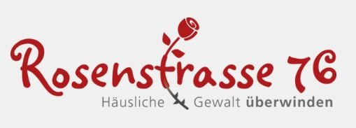 Text Rosenstraße 76 mit einer Rose im t und Unterschrift Häusliche Gewalt überwinden (Wird bei Klick vergrößert)